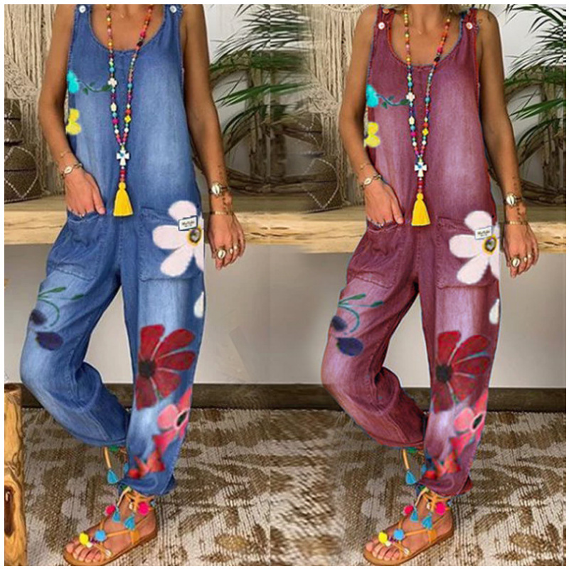 YICIYA Women's Loose Sleeveless Denim Jumpsuit Suspender Denim Collar Wide Bead Jumpsuit Blue Pocket Jeans Jean Femme Pants