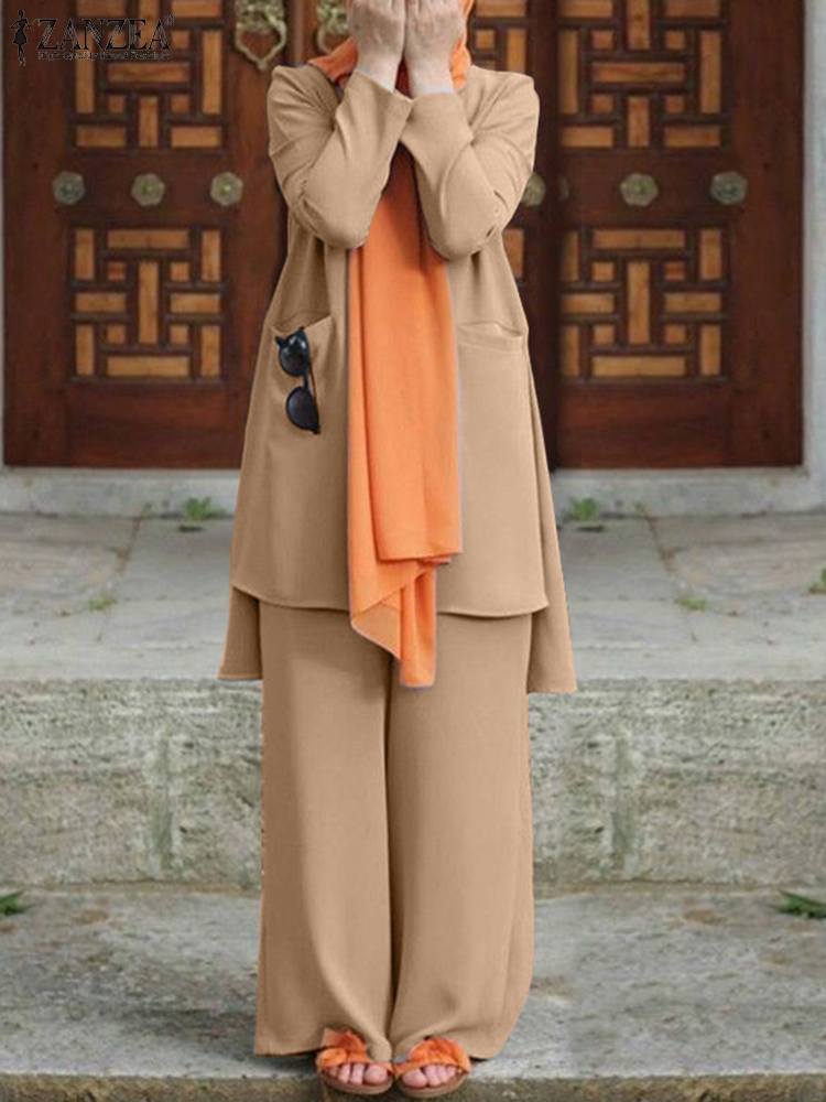 ZANZEA Women 2PCS Casual Abaya Hijab Tracksuit Vintage Muslim Pant Sets Summer Long Sleeve Blouse Suits Loose Matching Sets
