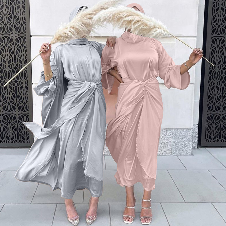3 Pieces Matching Muslim Sets Eid Satin Abayas for Women Dubai Hijab Dress Open Abaya Kimono Islam Outfit Wrap Front Maxi Skirt