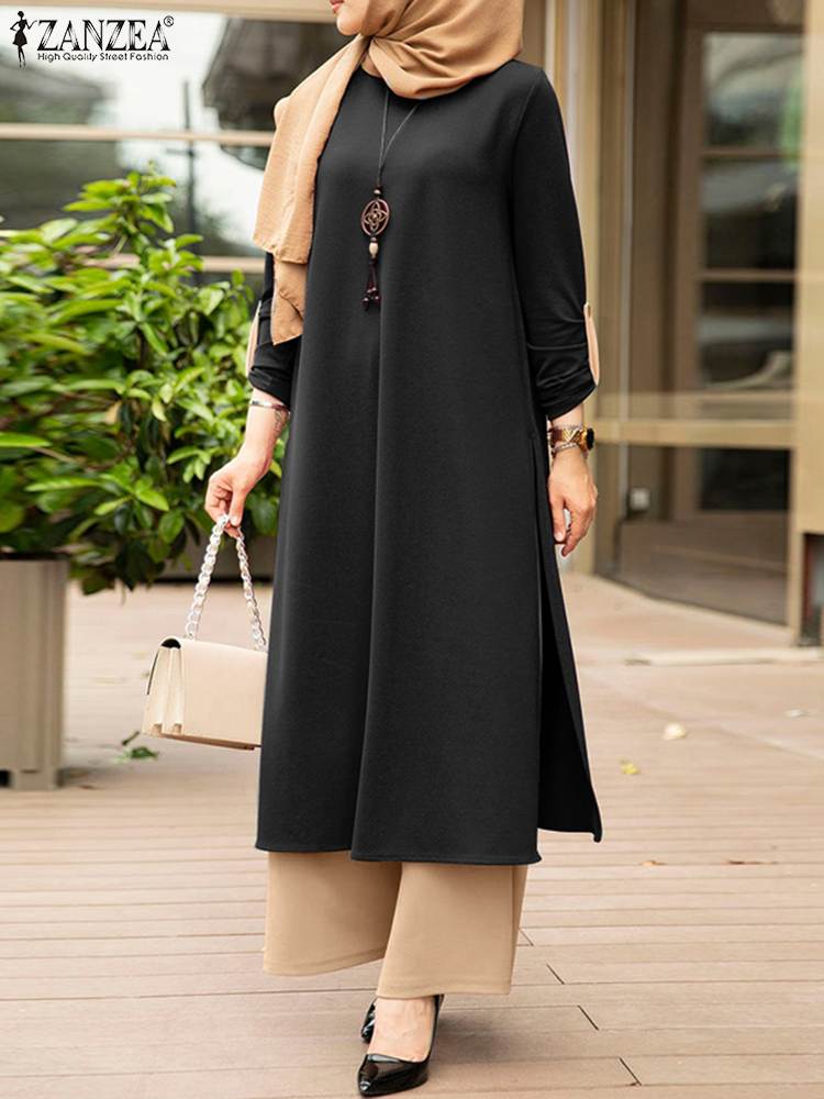 ZANZEA Muslim Womens Outifits Casual Urban Tracksuit  Two Piece Sets Loose Suits Vintage Long Shirt Wide Leg Pants Sets