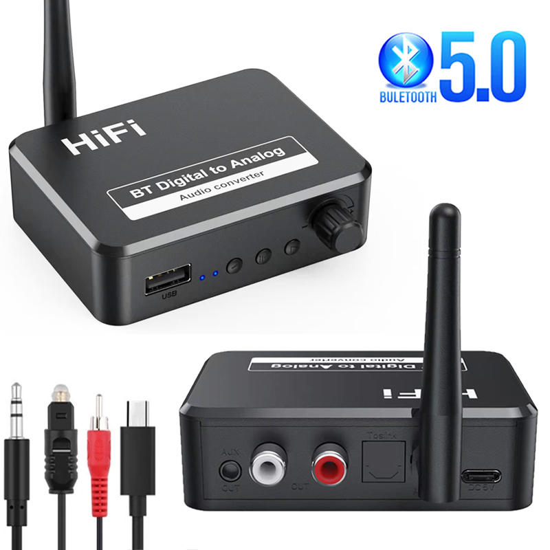 Bluetooth 5.0 Receiver U Disk Digital to Analog Audio Converter Spdif Optical Fiber to 3.5MM AUX 2 RCA Amplifier Speaker Car kit