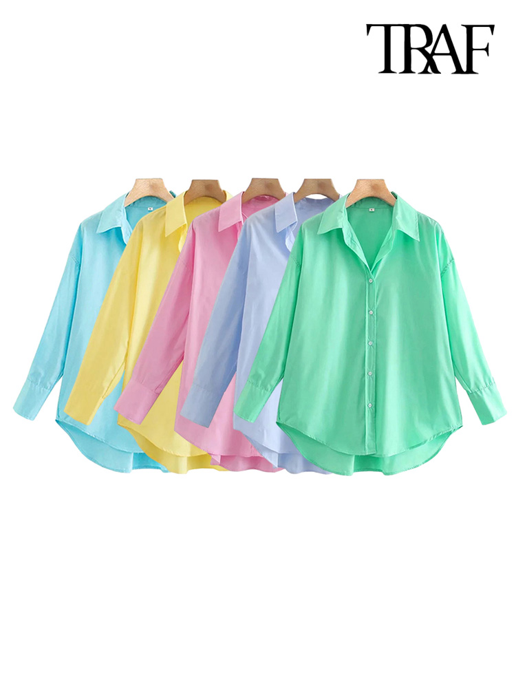 TRAF Women  Loose Asymmetry Poplin Blouses Vintage Long Sleeve Button-up Female Shirts Blusas Chic Tops