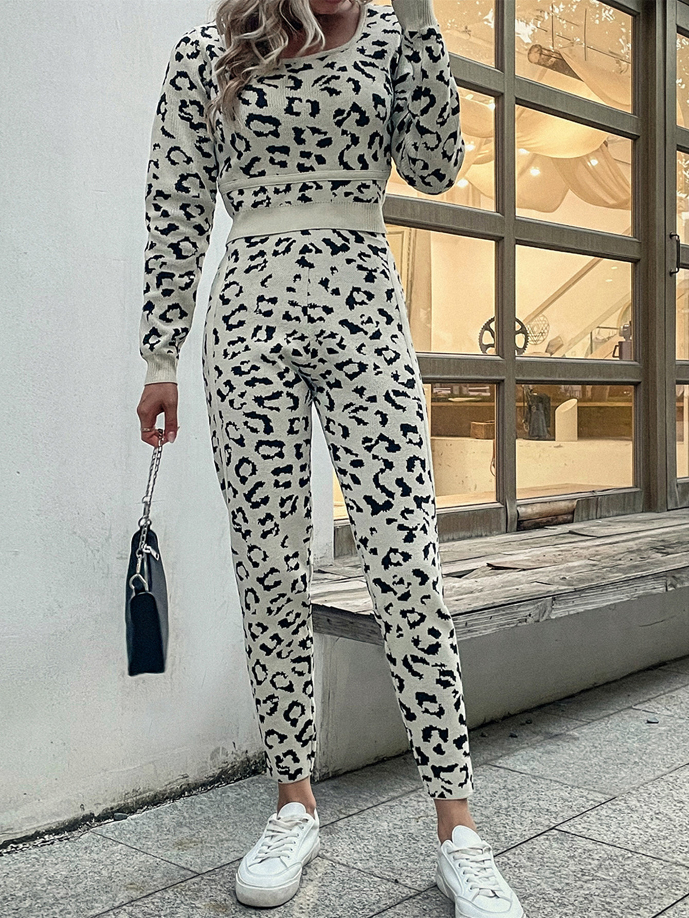 Women's Autumn And Winter Leopard Suit U-neck Long Sleeve Sweater Short Pullover Plus Slim Pants