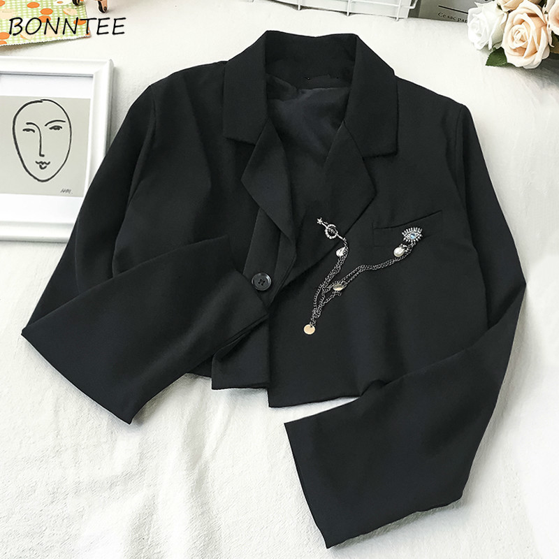 Blazers Women Solid Cropped Tops Notched Retro Long Sleeve  Design Streetwear Female Outwear Punk Style Leisure Chic