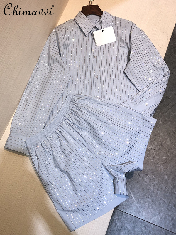  Design Drilling Striped Suit  Spring Summer Casual Loose Long Sleeve Shirts Wide Leg Shorts Temperament 2pcs