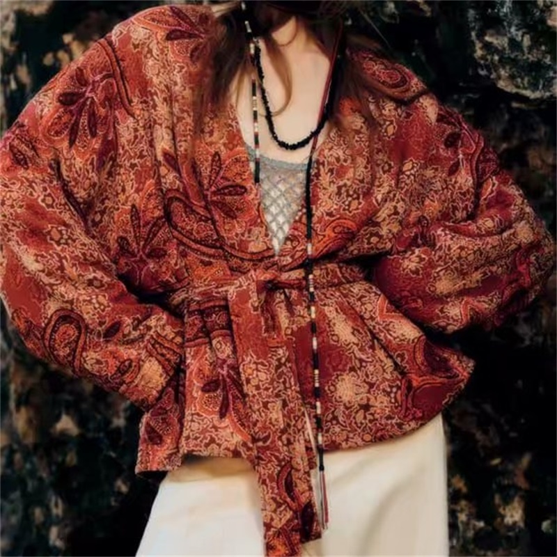 MESTTRAF Women   With Belt Paisley Print Kimono Cotton  Coat Vintage Long Sleeve Pockets Female Outerwear Streetwear