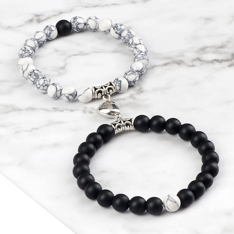 2Pcs/Set Beads Bracelet For Lovers Natural Stone Distance Heart Magnet Couple Bracelets Friendship  Jewelry Gift