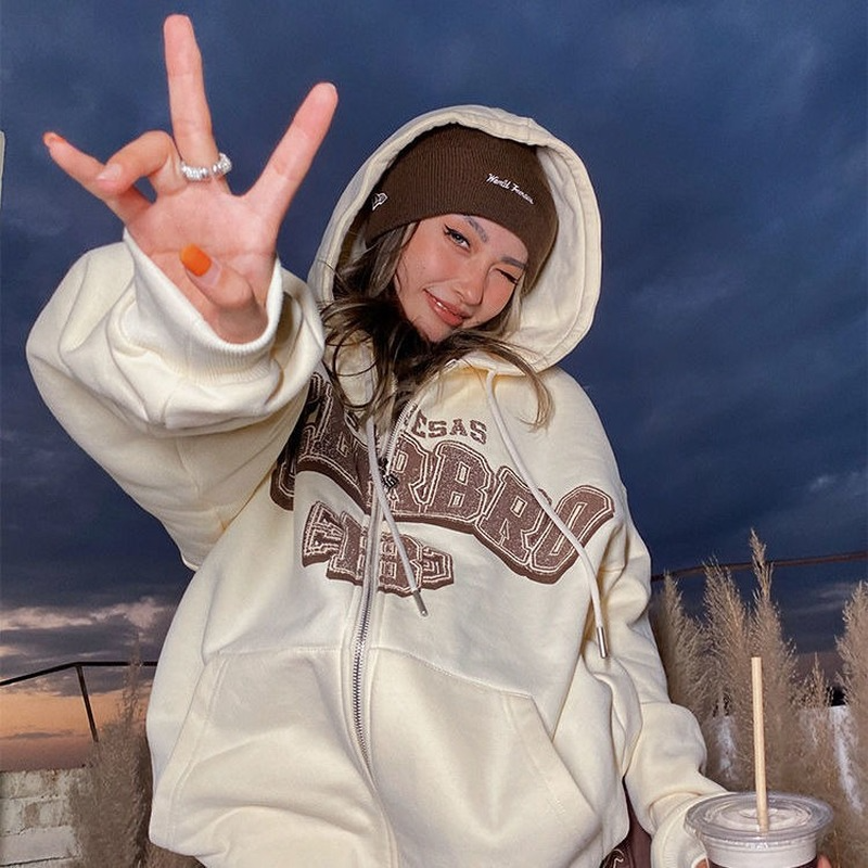 Women Letter Print Hoodies  Autumn Winter Retro Loose Zip Up Hooded Sweatshirts Female Casual Long Sleeve Sweatshirt Coats