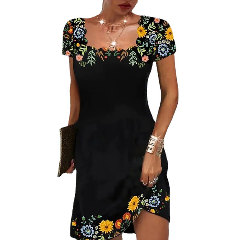  Summer Women's Wavy Neck Print Short-sleeve Dress Elegant Casual Floral Theme Printed Female able Knee Length Dress
