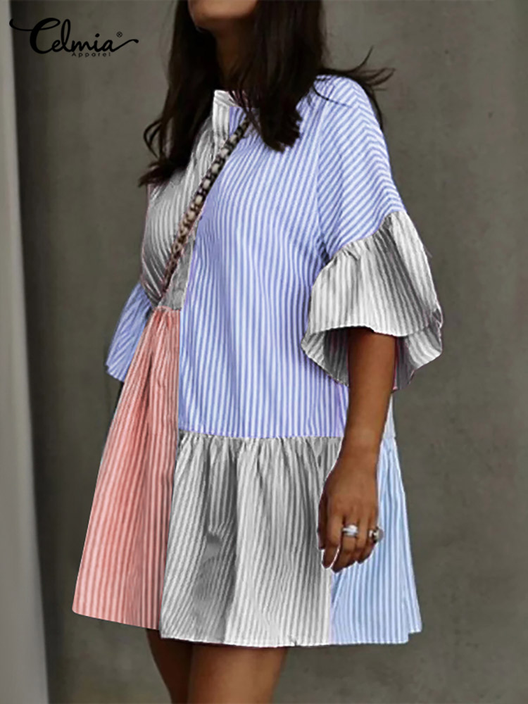 Celmia Stripe Patchwork Flare Half Sleeve Mini Dress  Summer Elegant Casual Loose Buttons Short Sundress Women Shirt Dress
