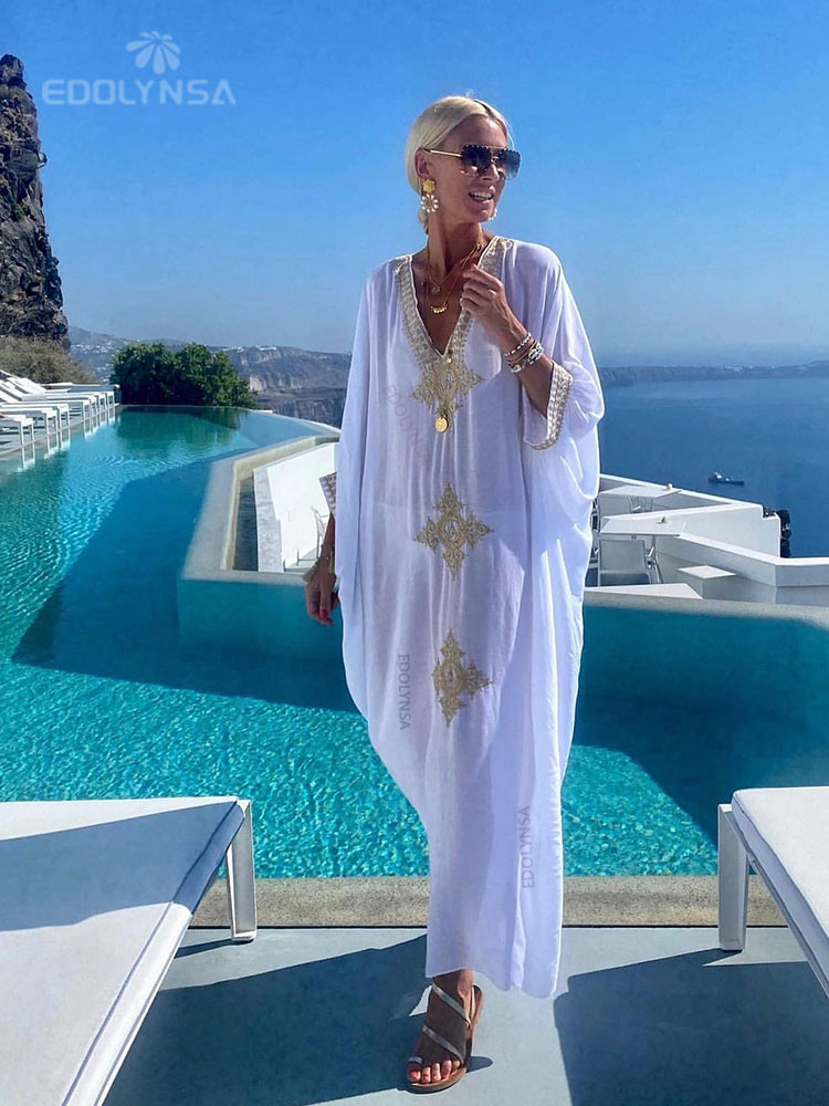  Elegant Gold Embroidered Kaftan Retro V-neck White Dress Women Clothes Summer Beach Wear Swim Maxi Dresses N1373