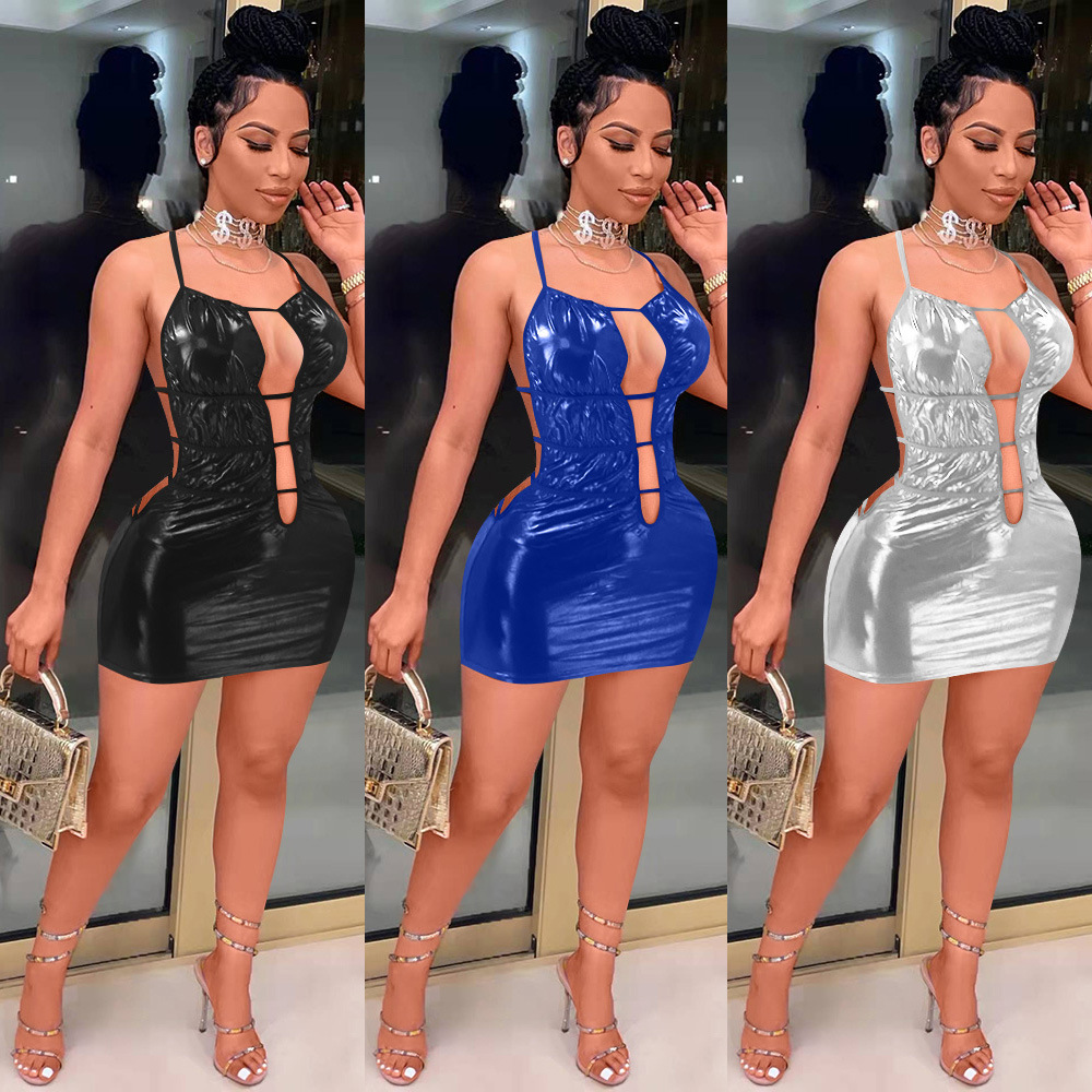 Echoine  Spring PU Faux Leather Stretch Solid Mini Dresses Woman Nightclub Halter Sexy Backless Straps Short Dress Thong