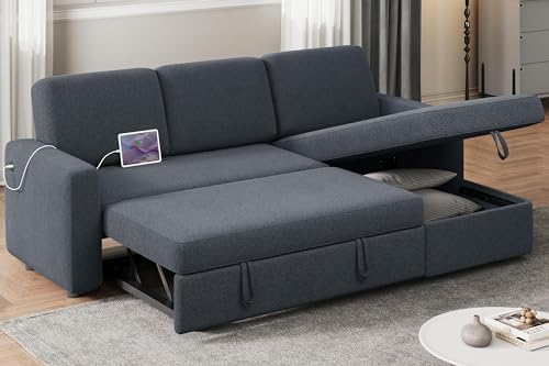 Yaheetech Sectional Sofa L-Shaped Sofa Couch Bed w/Chaise & USB, Reversible Couch Sleeper w/Pull Out Bed & Storage Space, 4-seat Fabric Convertible Sofa, Pull Out Couch for Living Room Dark Gray