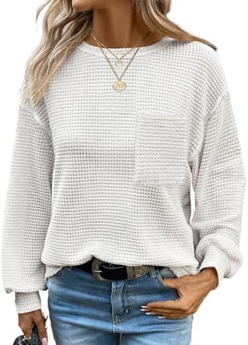 Dokotoo Womens Tops 2024 Oversized Long Sleeve Crewneck Waffle Knit Shirts Business Casual Blouses Basic Shirts