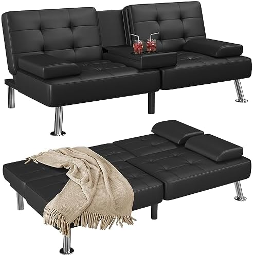 Shahoo Convertible Folding Futon Sofa Bed Sleeper Couch for Living Room Faux Leather Upholstered Loveseat w/Removable Armrests, Metal Legs, 2 Cup Holders, Black